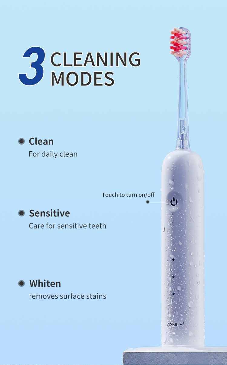 Cepillo de dientes eléctrico IVISMILE que muestra 3 modos de limpieza: Limpieza, Sensible, Blanqueamiento