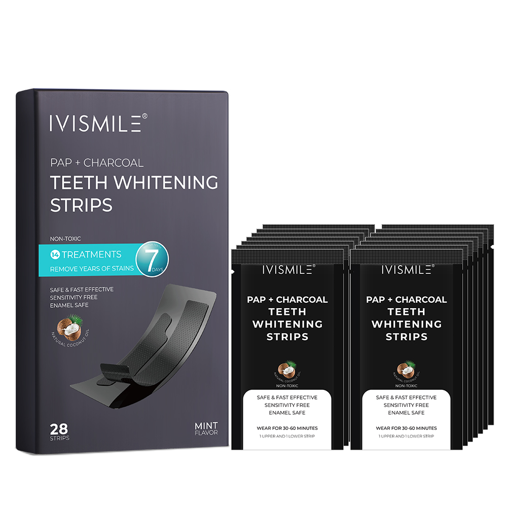IVISMILE PAP + Strip Pemutih Gigi Arang Aktif - OEM lan solusi label pribadi kanthi formula non-beracun, rasa mint, lan ekstrak klapa. Kalebu 14 kantong (28 strip) saben kothak kanggo perawatan 7 dina. Aman, enamel-loropaken, lan bebas sensitivitas