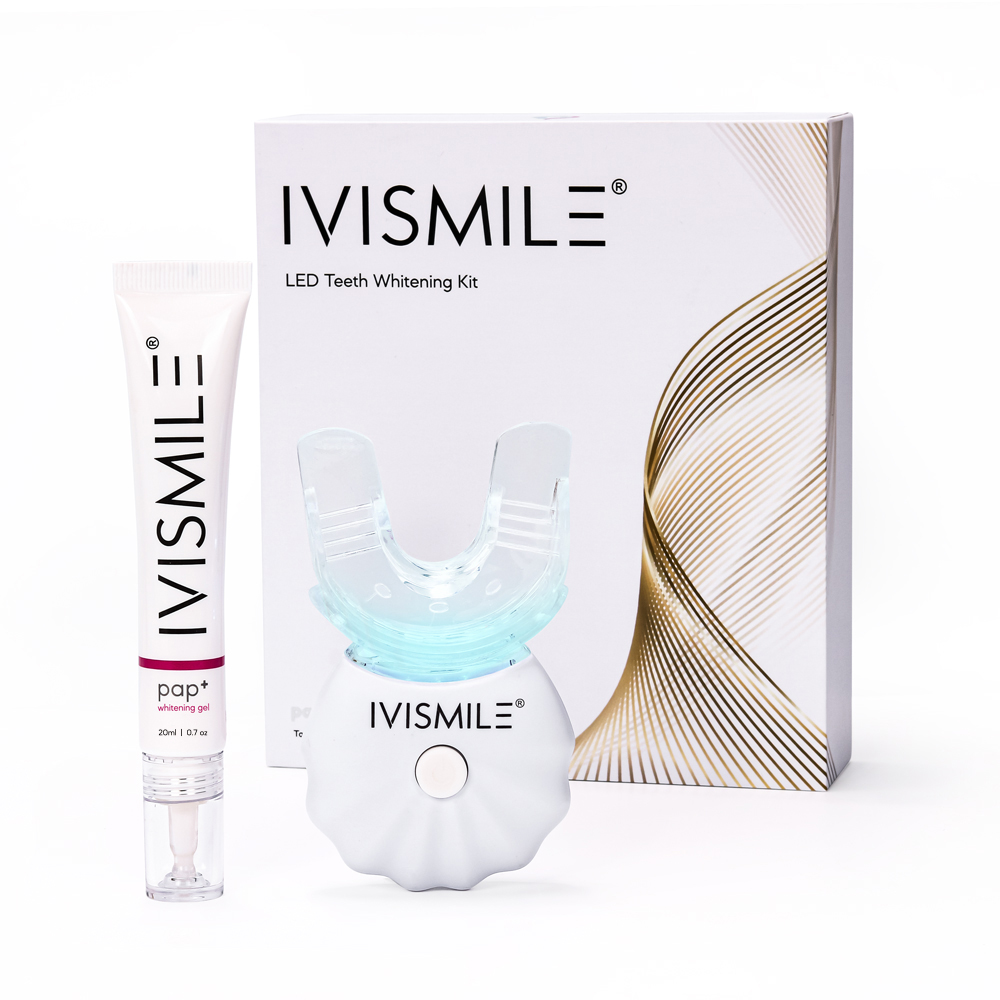 IVISMILE LED Teeth Whitening Kit featuring the packaging box, a tube of "pap+" whitening gel, and the illuminated wireless LED mouthpiece device with the IVISMILE logo.