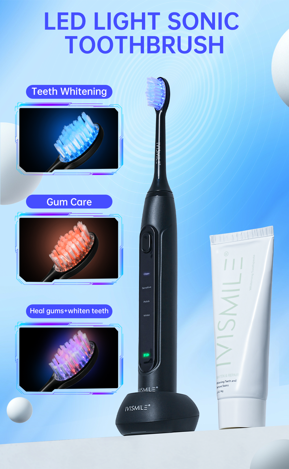 Private Label LED Light Sonic Toothbrush and Toothpaste Set